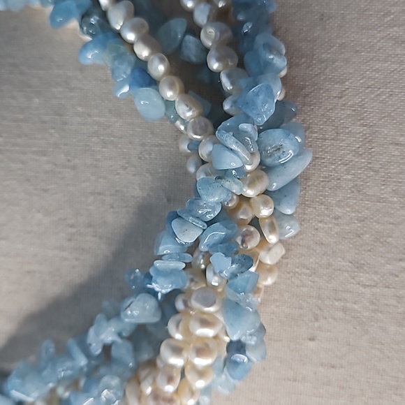 Vintage Aquamarine Blue Stones And Creamy White Pearl Multi Strand Necklace - Picture 6 of 7